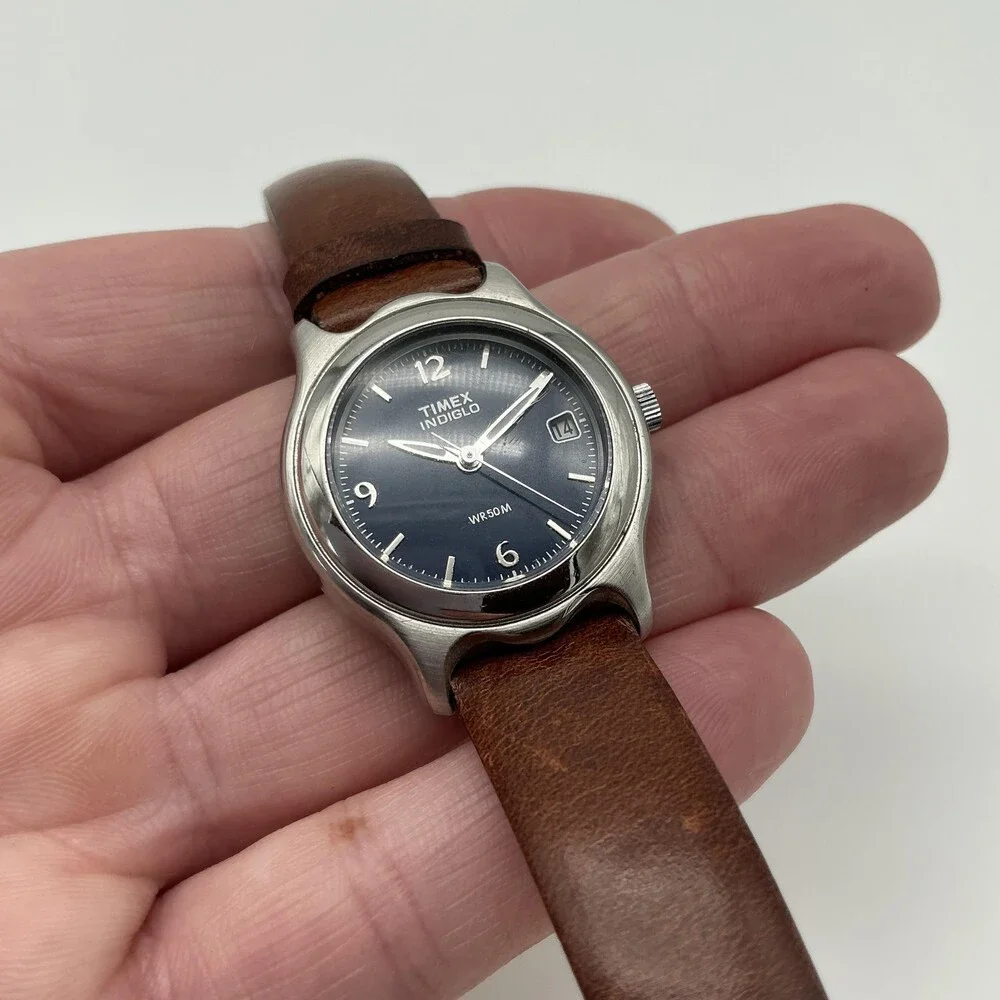 Timex Indiglo WR 50M Womens Watch 28mm Blue Dial Brown Leather New Battery
